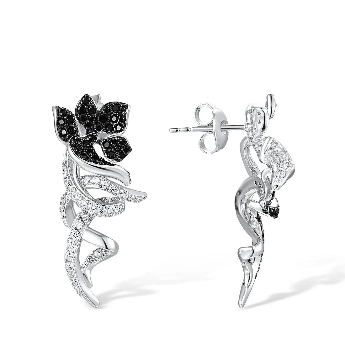 Black and White Diamond Flower Clip Earrings