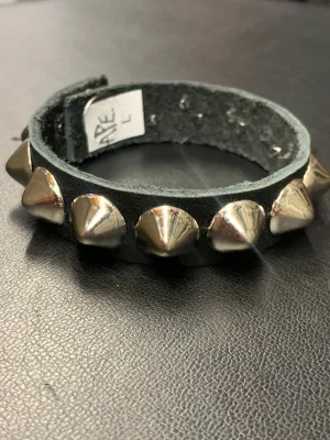 Black Leather Bracelet w/ 1 Row of Silver Cone Studs