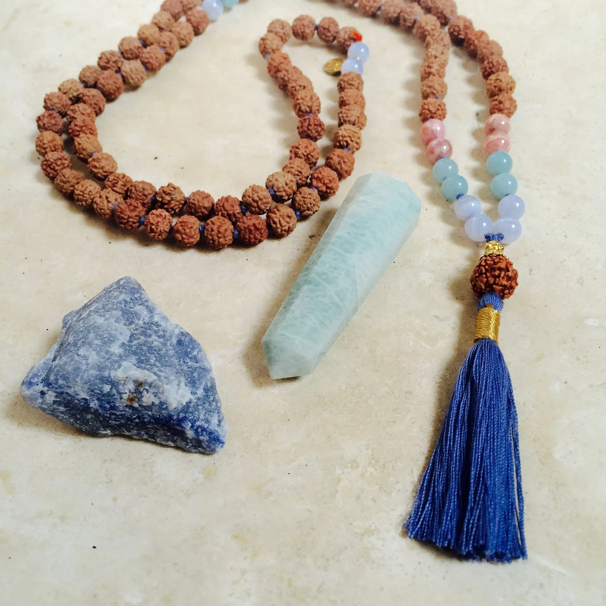 BLISS: Blue Lace Agate, Amazonite   Rhodochrosite Aloha Mala Necklace