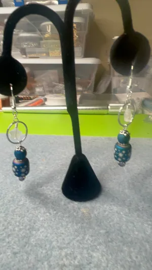 Blue druzy agate, Starburst-Pattern cylinder, Frosted Glass, Crystal and Steel Blue Beaded Earrings