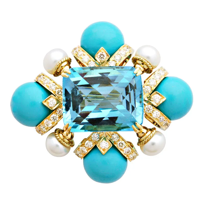 Brooch-Blue Topaz, Turquoise, Pearl and Diamond