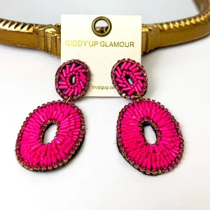 Bugle Bead Oval Earrings in Fuchsia Pink