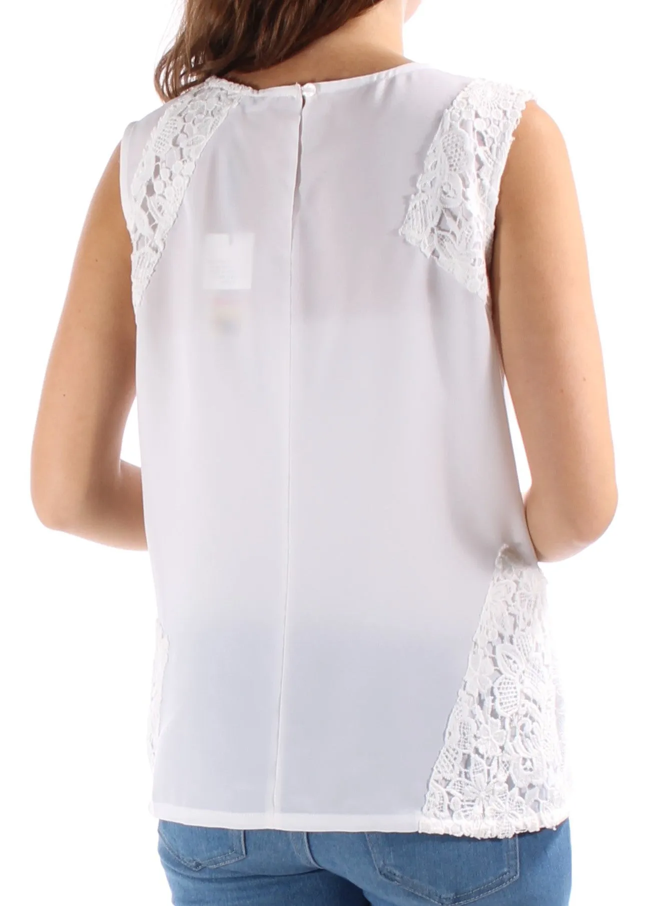 CALVIN KLEIN Womens White Embellished, Lace Sleeveless Jewel Neck Top