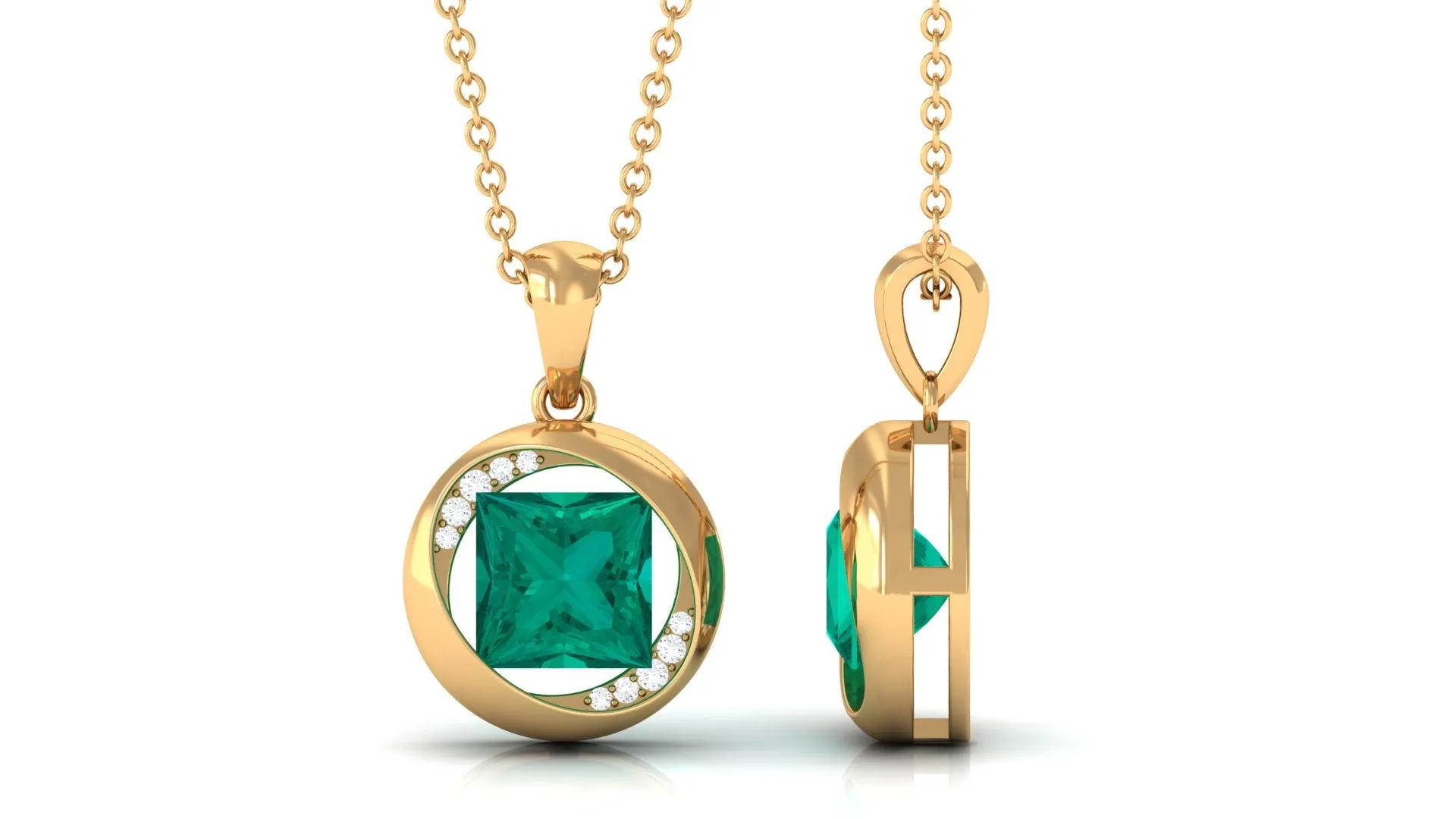 Created Emerald Solitaire Pendant Necklace with Diamond