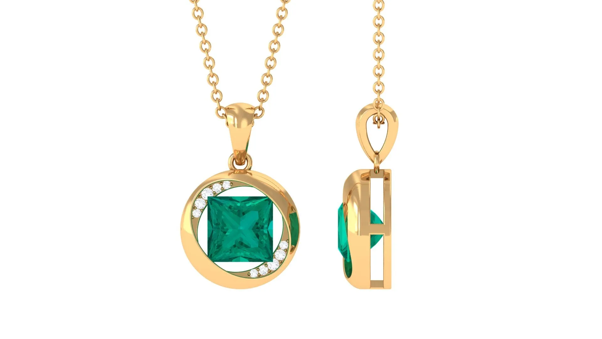 Created Emerald Solitaire Pendant Necklace with Diamond