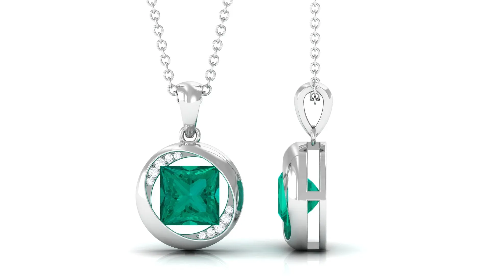 Created Emerald Solitaire Pendant Necklace with Diamond