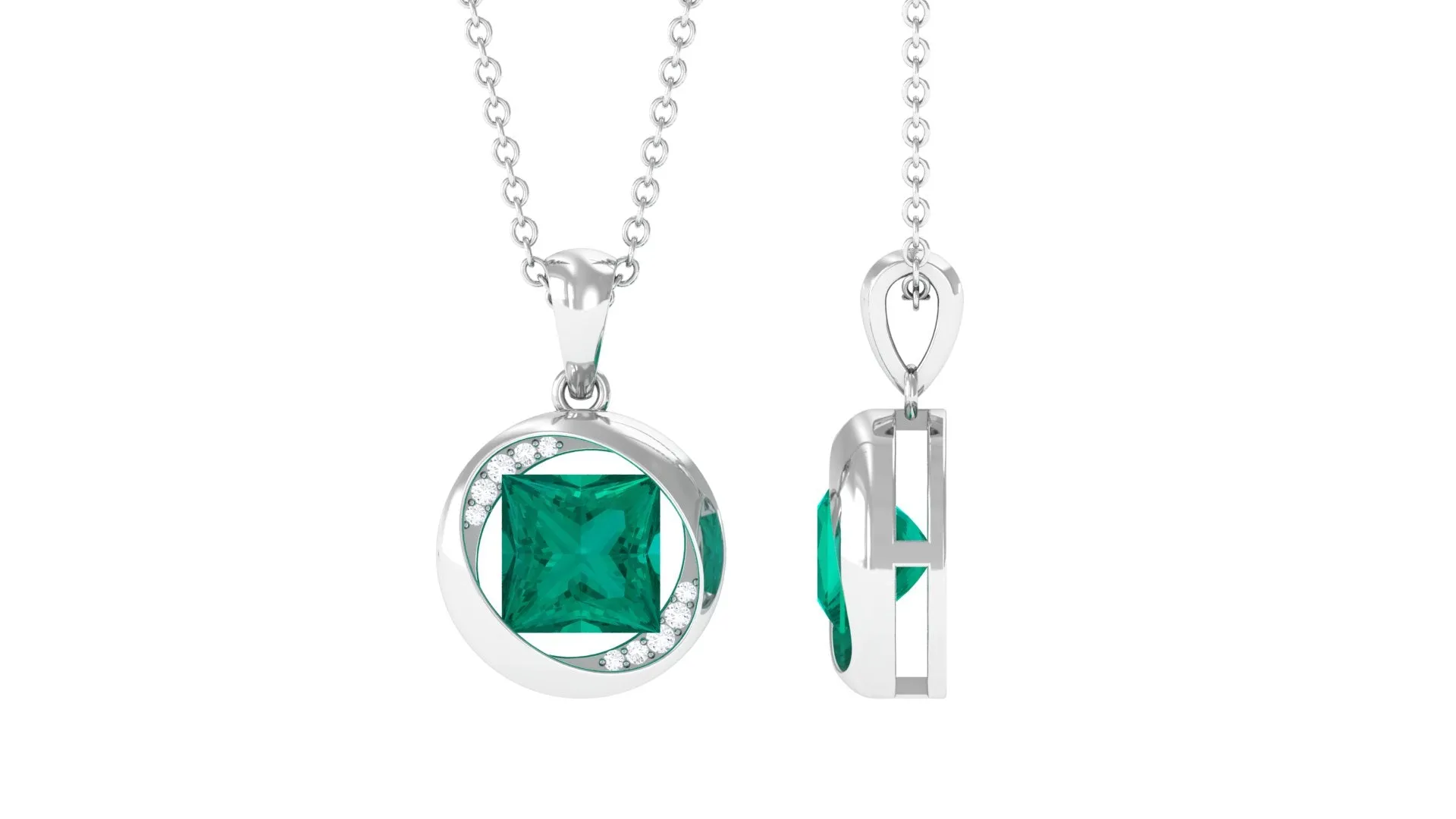 Created Emerald Solitaire Pendant Necklace with Diamond