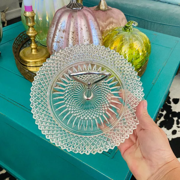 Crystal Serving Dish, Candy Dish Silver Plate Handle - Cut Crystal Diamond Pattern