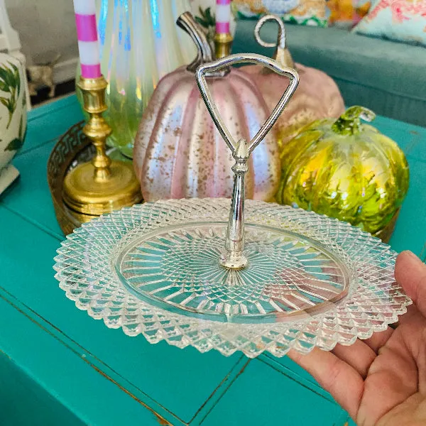 Crystal Serving Dish, Candy Dish Silver Plate Handle - Cut Crystal Diamond Pattern