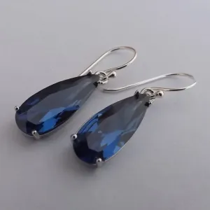 Dark Blue Faceted Crystal Drop Earrings on Sterling Silver Hooks