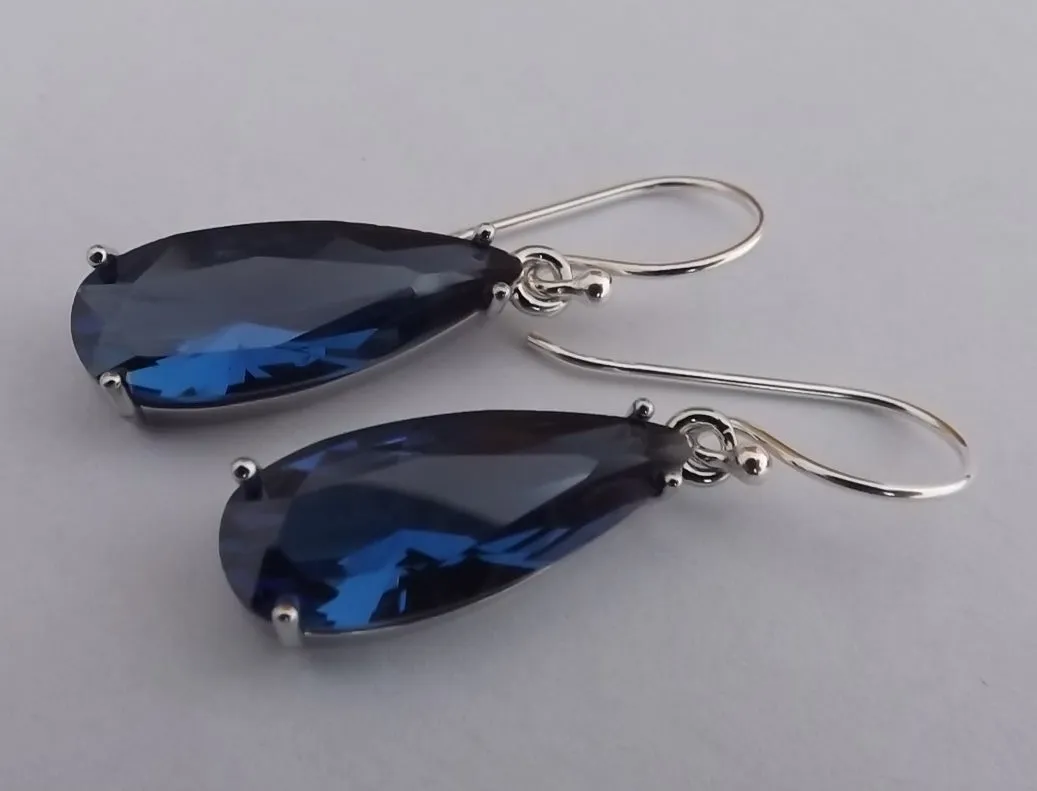 Dark Blue Faceted Crystal Drop Earrings on Sterling Silver Hooks