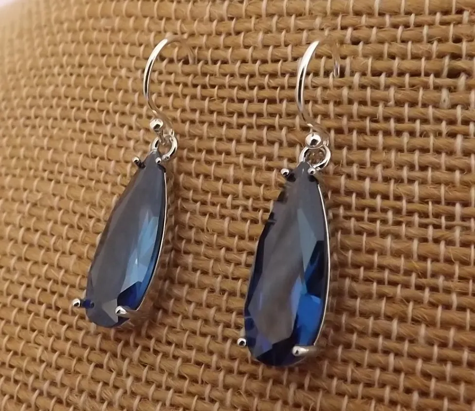 Dark Blue Faceted Crystal Drop Earrings on Sterling Silver Hooks