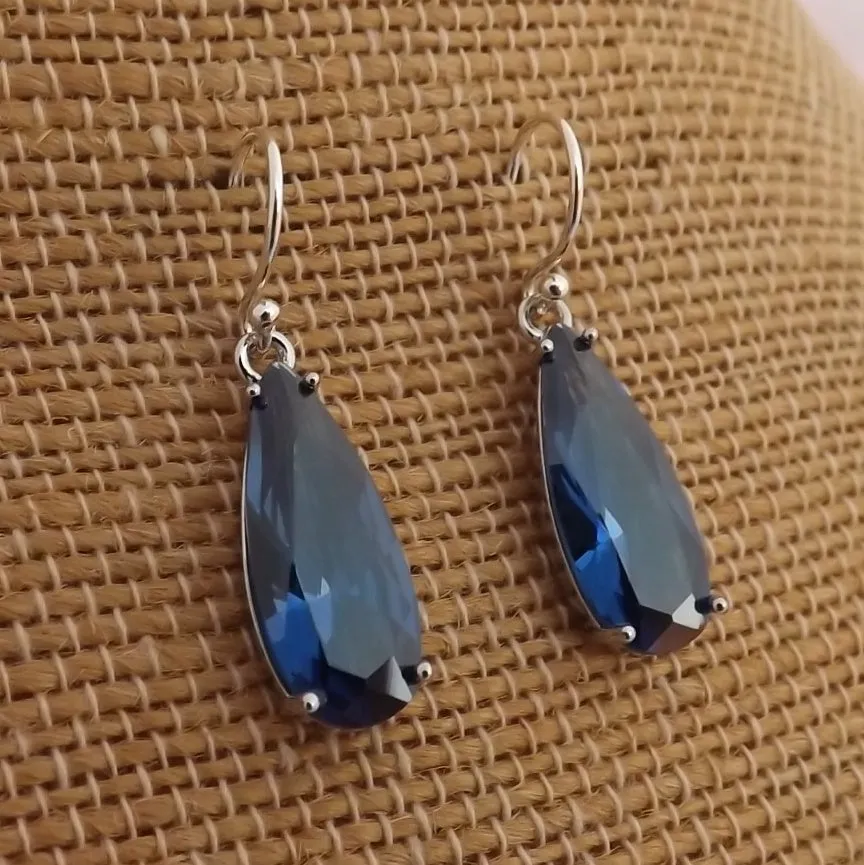 Dark Blue Faceted Crystal Drop Earrings on Sterling Silver Hooks