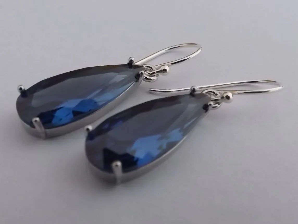 Dark Blue Faceted Crystal Drop Earrings on Sterling Silver Hooks