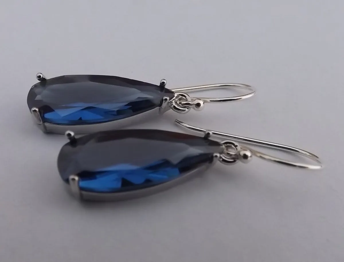 Dark Blue Faceted Crystal Drop Earrings on Sterling Silver Hooks