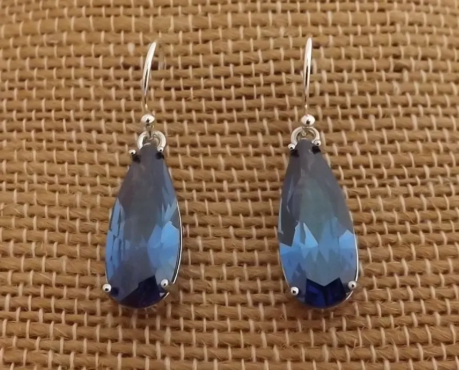 Dark Blue Faceted Crystal Drop Earrings on Sterling Silver Hooks