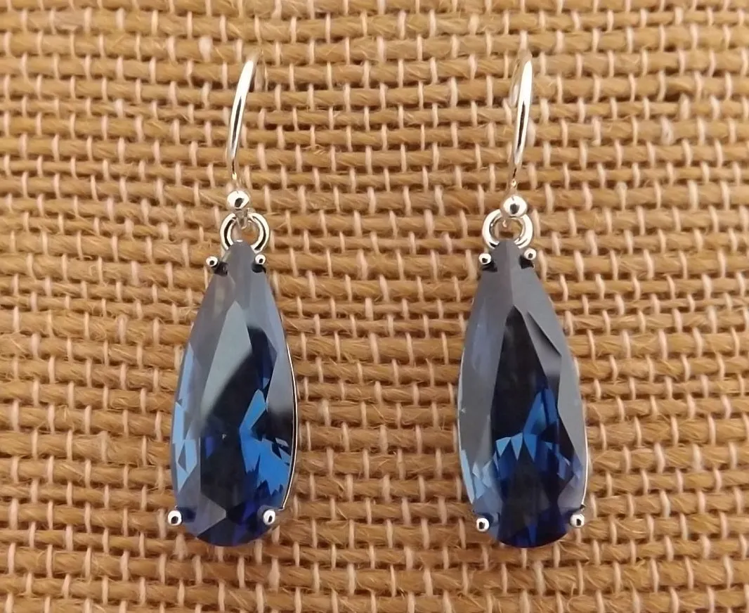 Dark Blue Faceted Crystal Drop Earrings on Sterling Silver Hooks