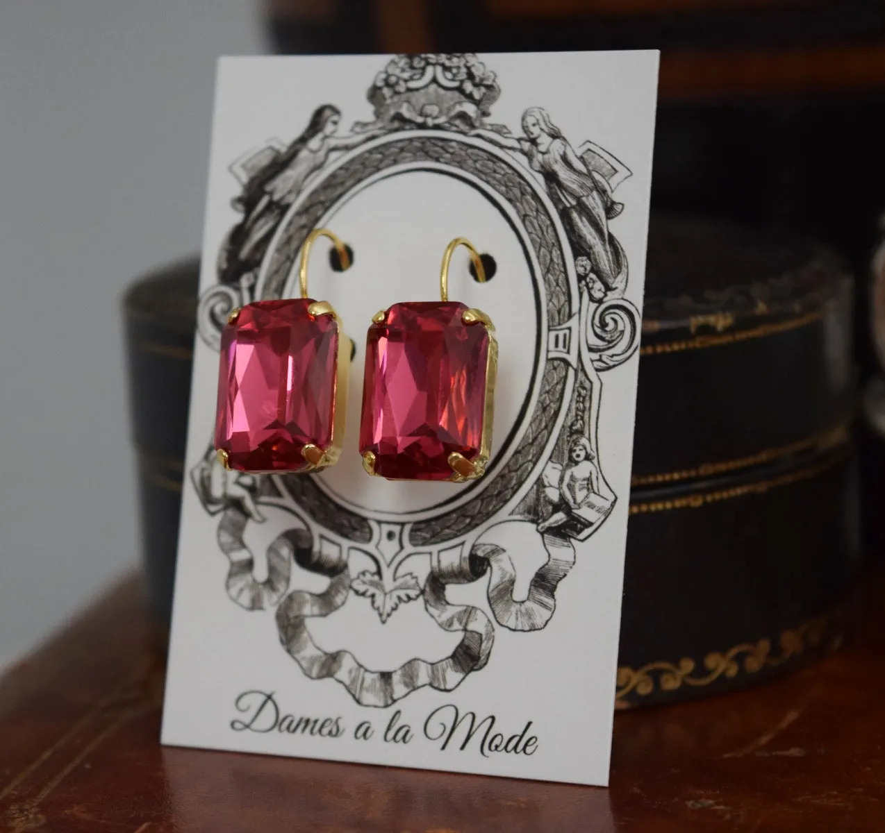 Dark Pink Aurora Crystal Earrings - Large Octagon