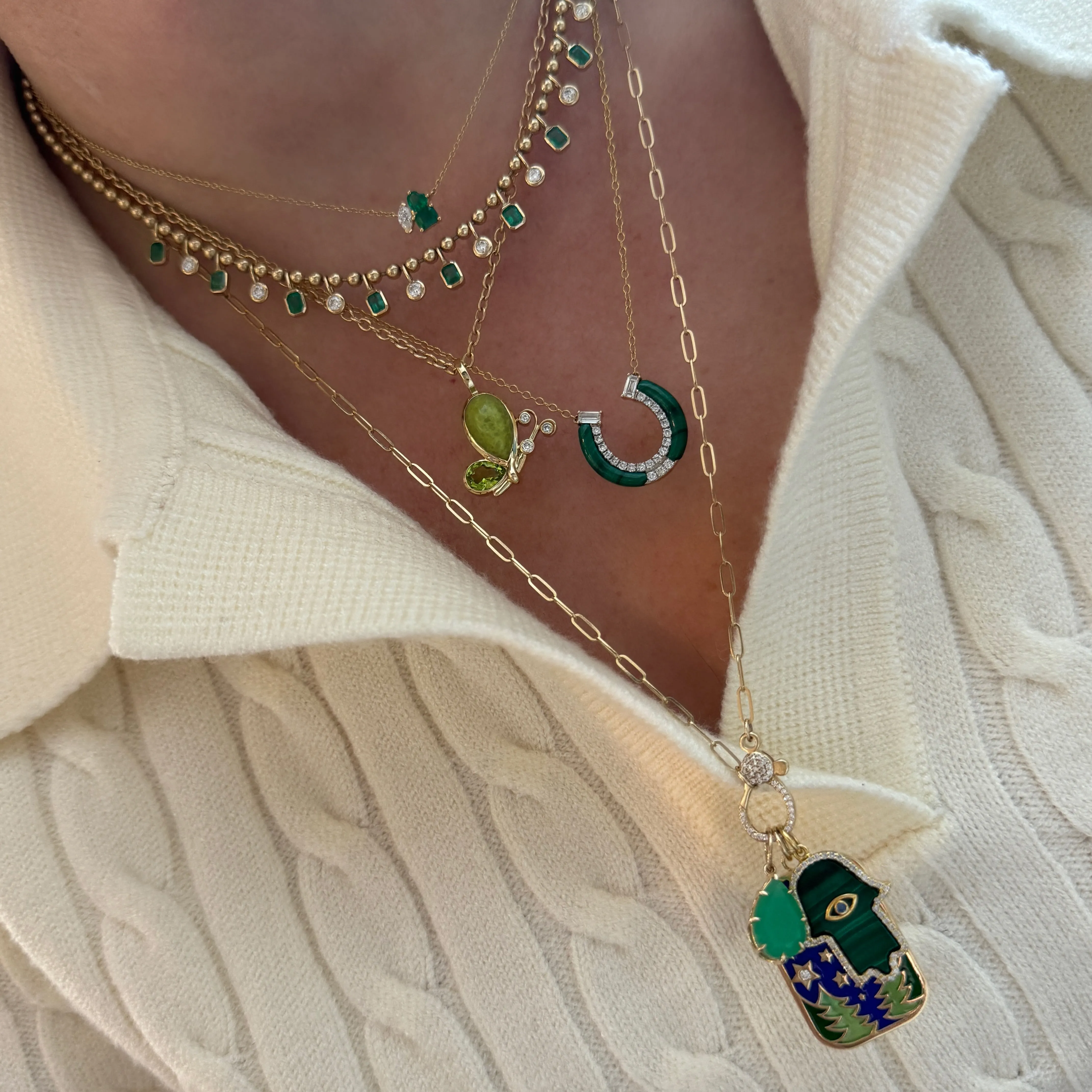 Emerald & Diamond Ball Chain Drop Necklace