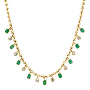 Emerald & Diamond Ball Chain Drop Necklace