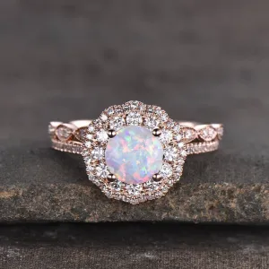 Female Opal Engagement Ring Bridal Set Rose Gold Filigree Milgrain Antique