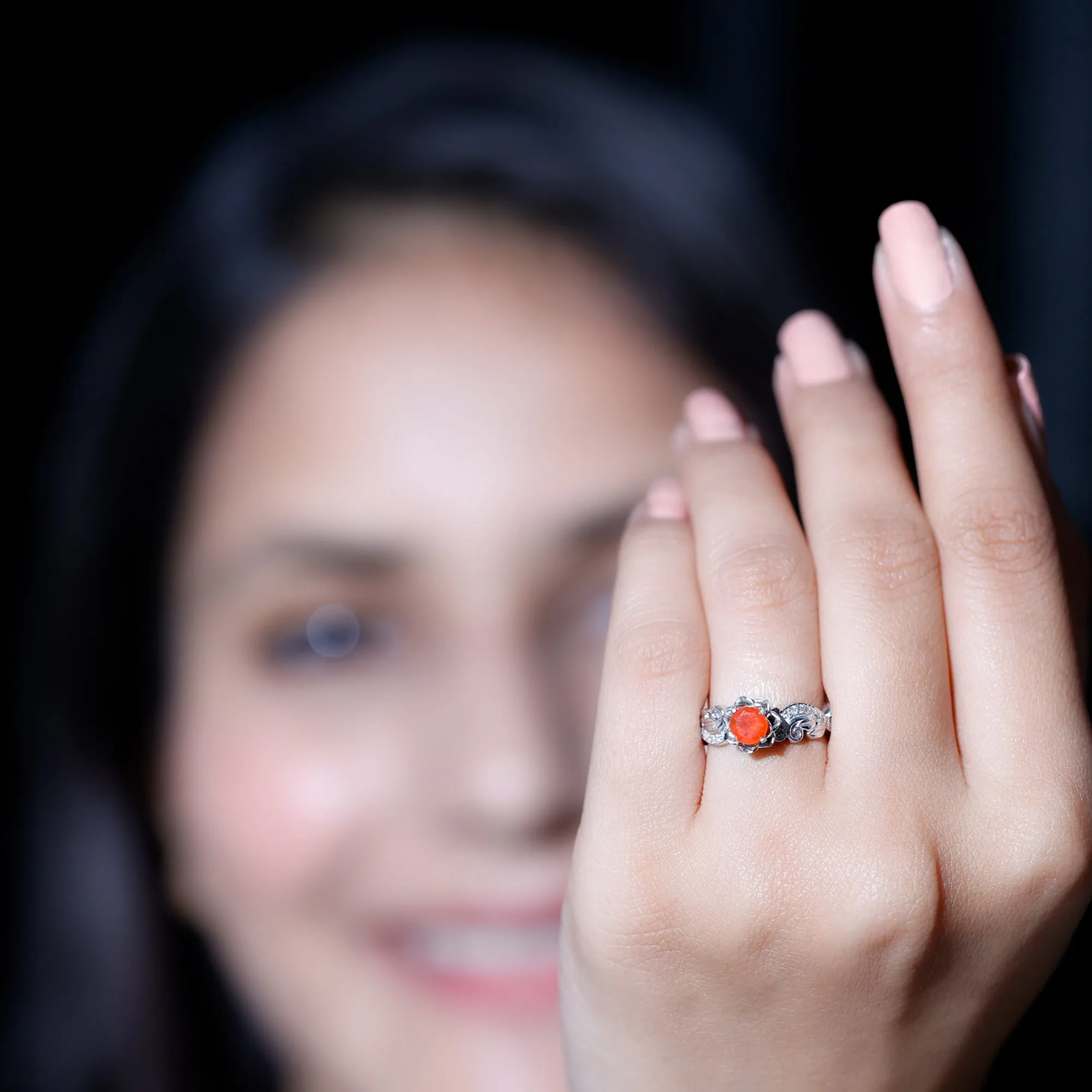 Flower Inspired Fire Opal and Diamond Engagement Ring