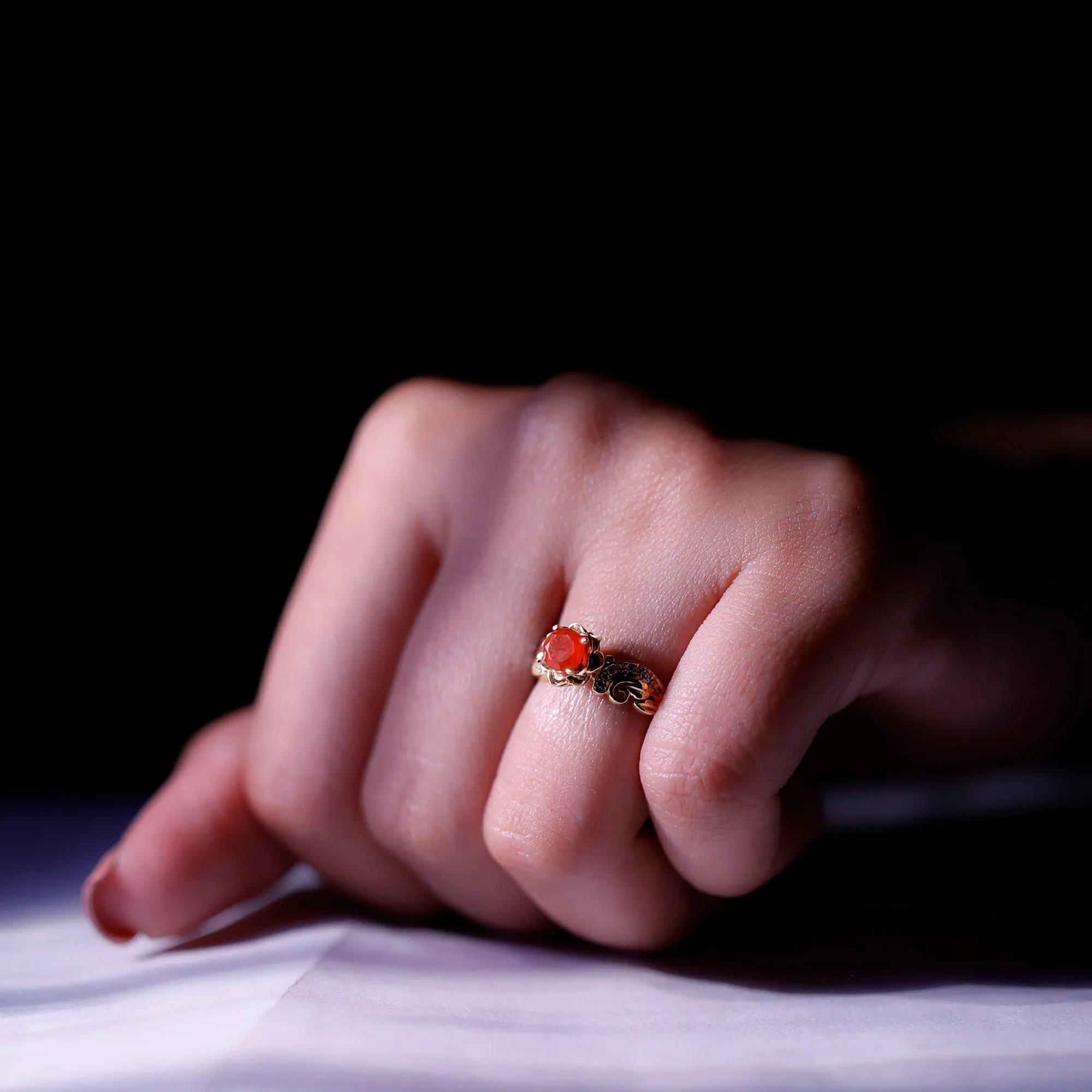 Flower Inspired Fire Opal and Diamond Engagement Ring