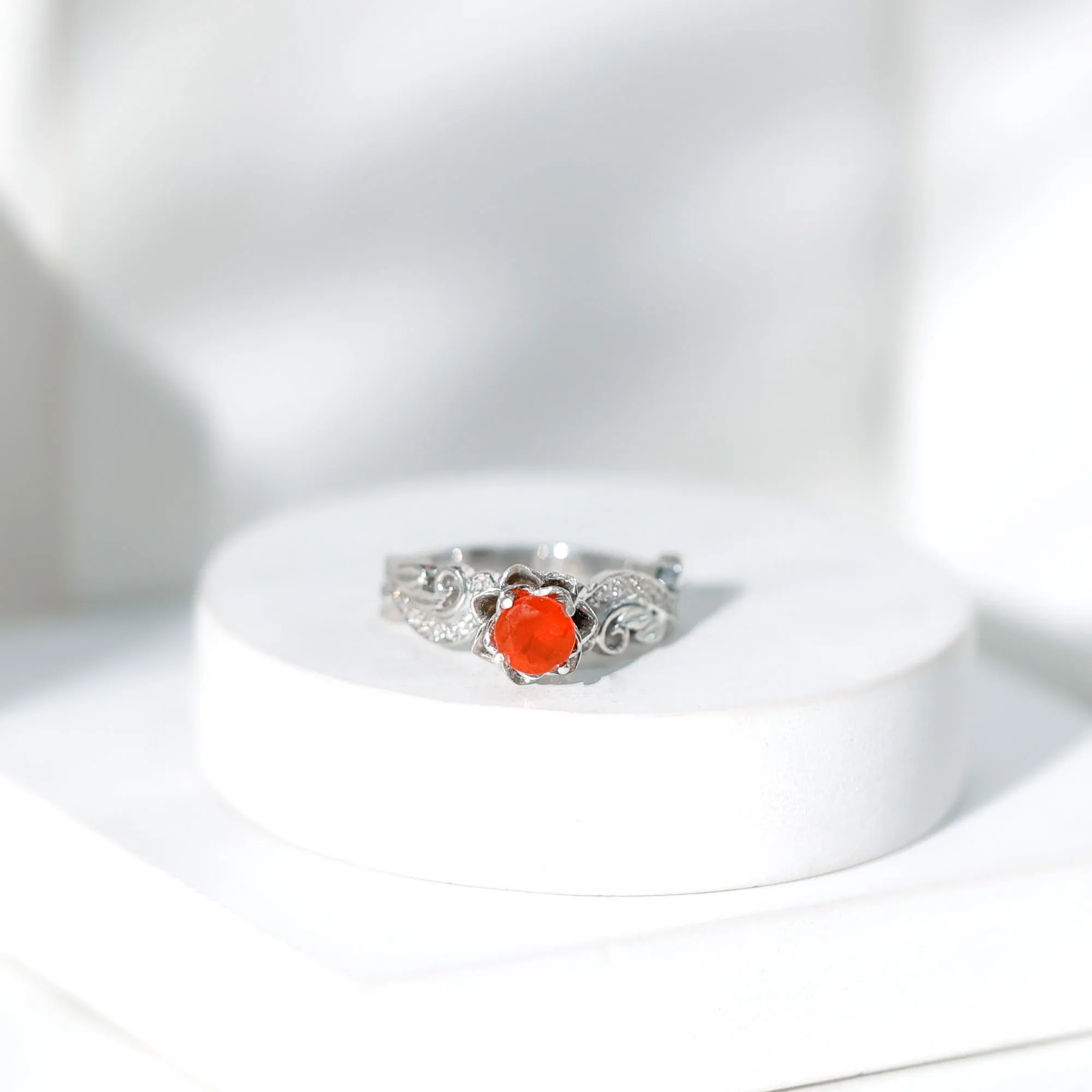 Flower Inspired Fire Opal and Diamond Engagement Ring