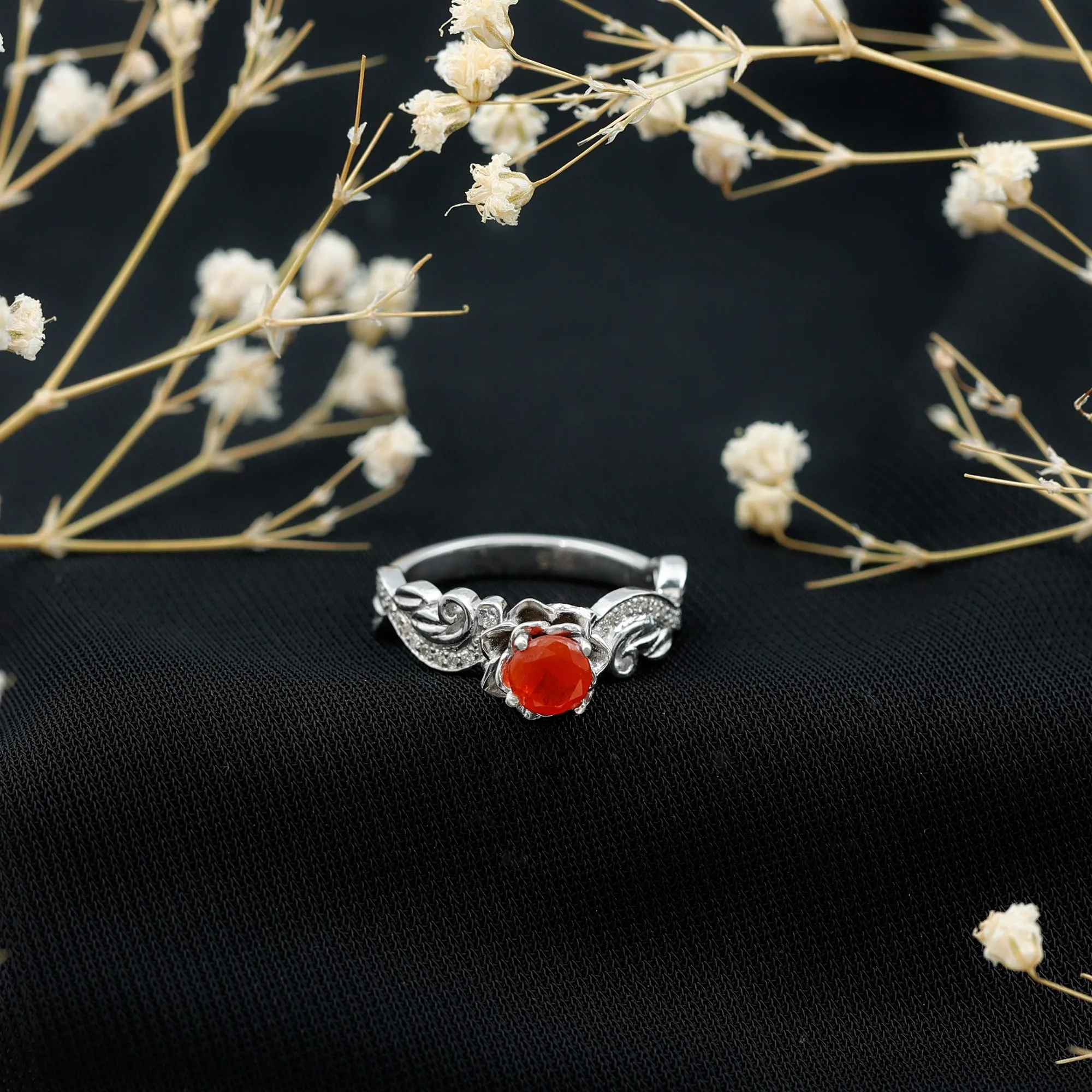 Flower Inspired Fire Opal and Diamond Engagement Ring