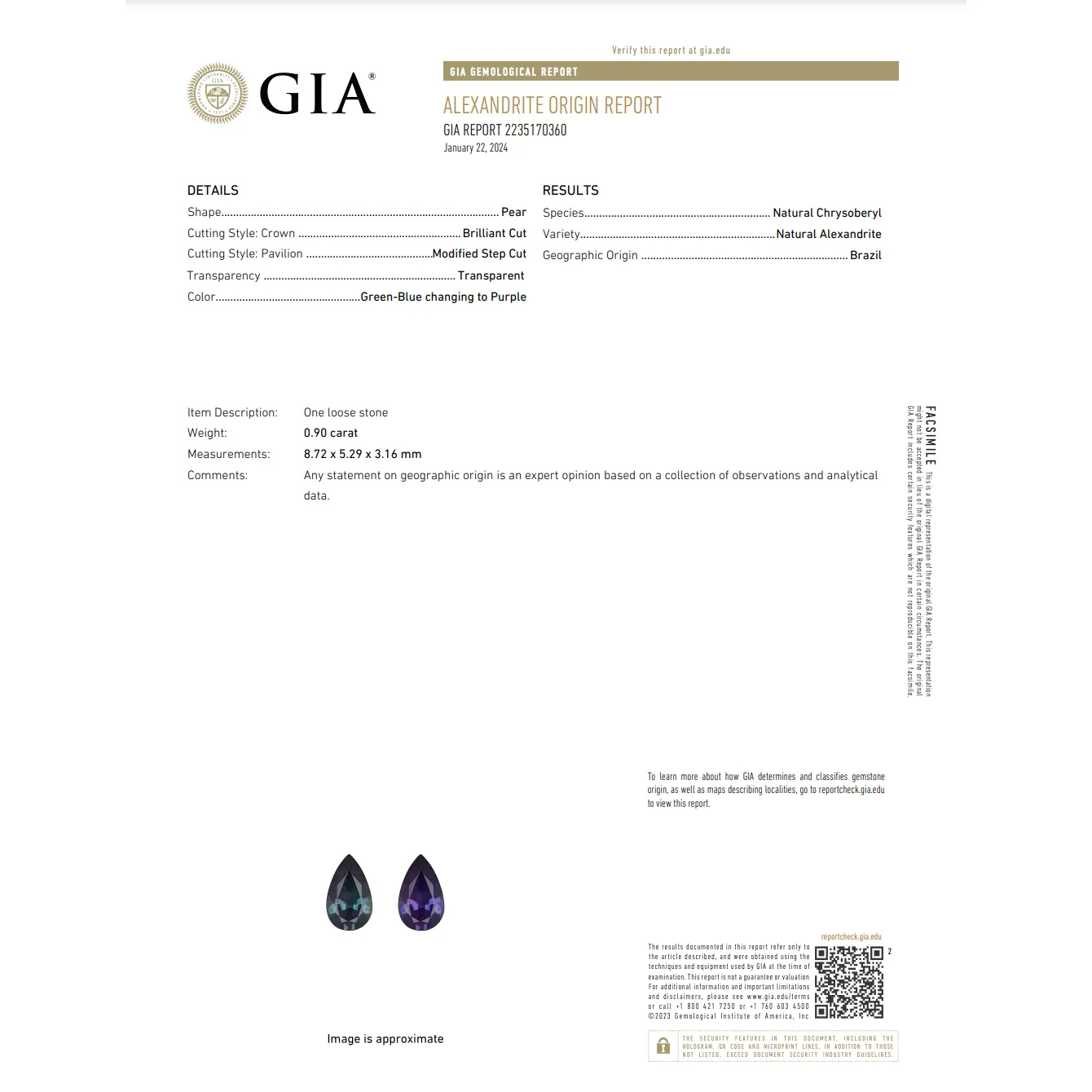 GIA Certified Brazilian Alexandrite 0.90 Carat Pear Cut Green-Purple in 18K Ring