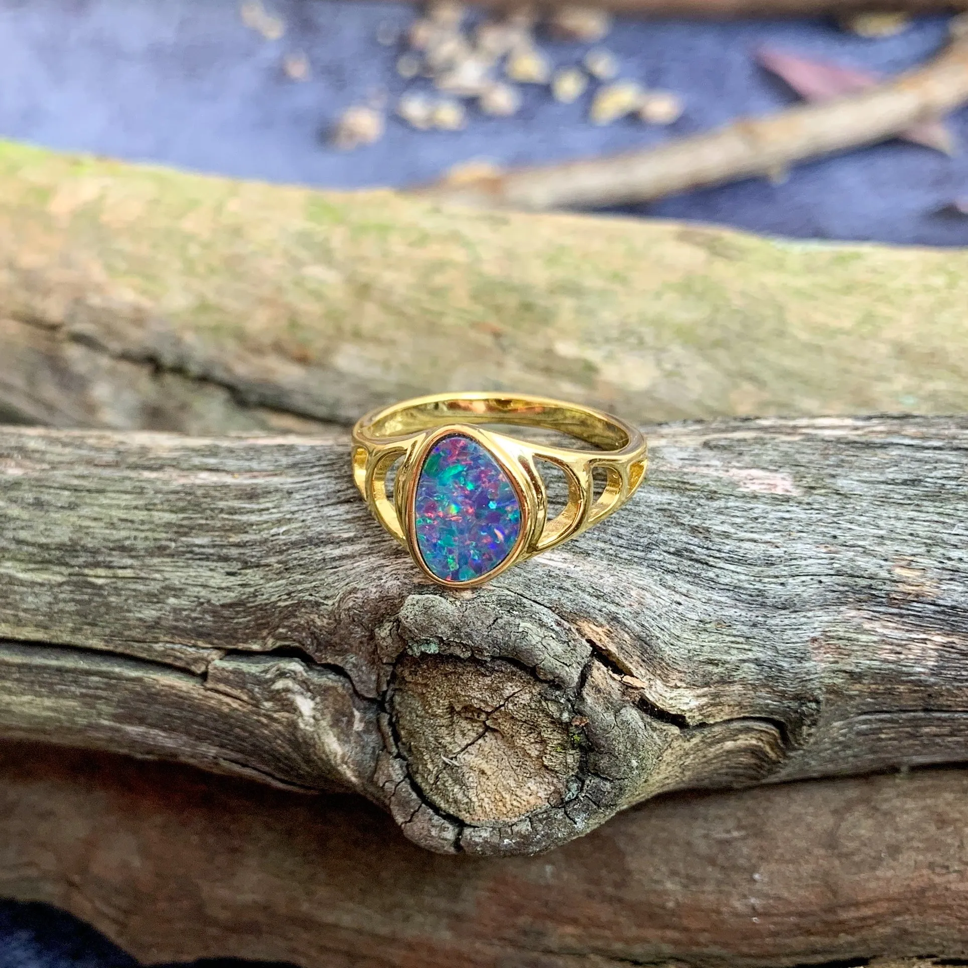 Gold Plated Silver Opal doublet freeform patterned ring