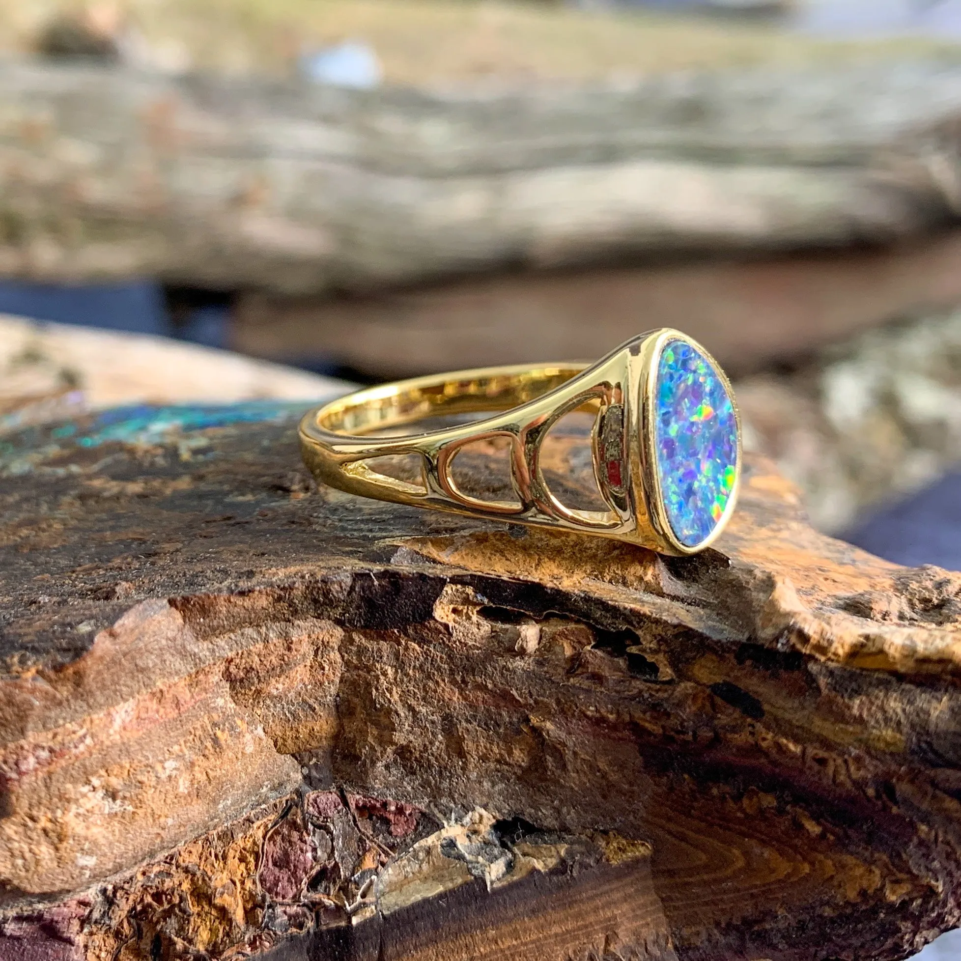 Gold Plated Silver Opal doublet freeform patterned ring