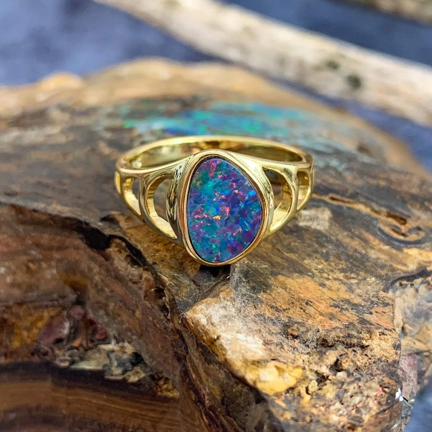 Gold Plated Silver Opal doublet freeform patterned ring