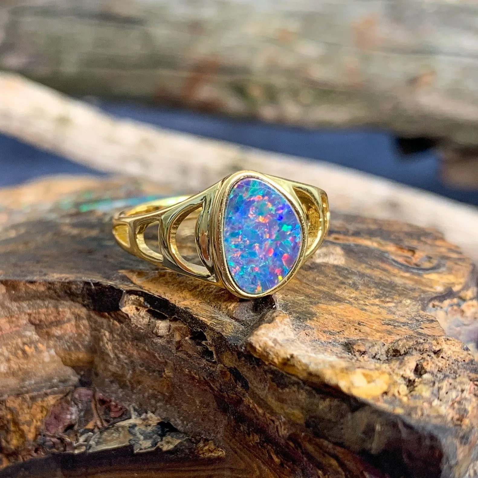 Gold Plated Silver Opal doublet freeform patterned ring