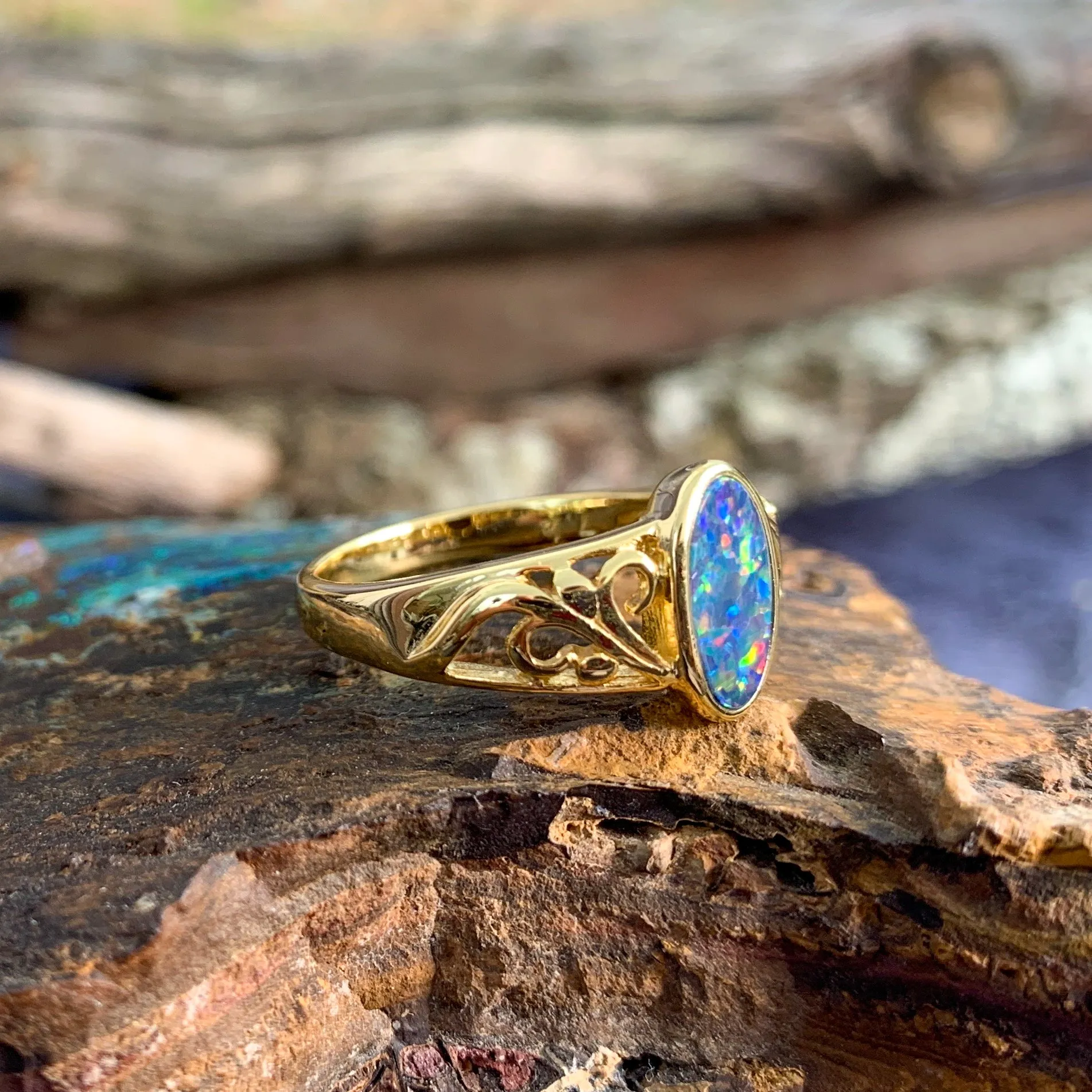 Gold plated silver Opal doublet patterned ring