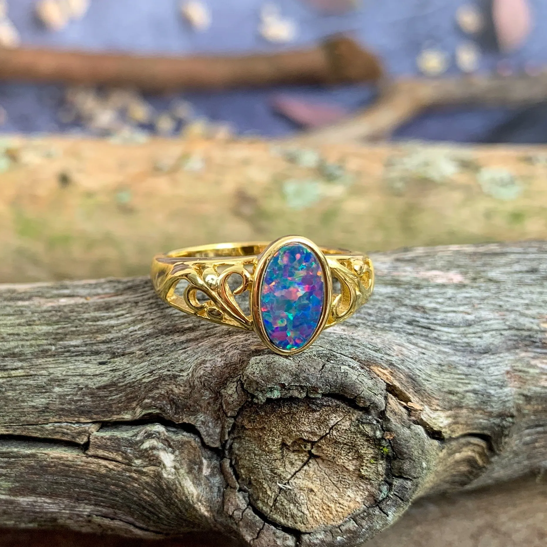 Gold plated silver Opal doublet patterned ring