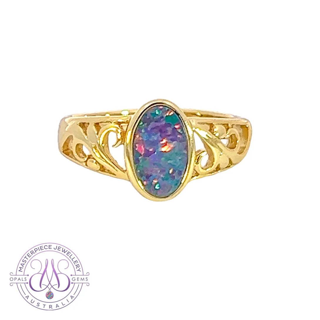 Gold plated silver Opal doublet patterned ring