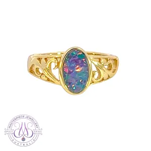 Gold plated silver Opal doublet patterned ring