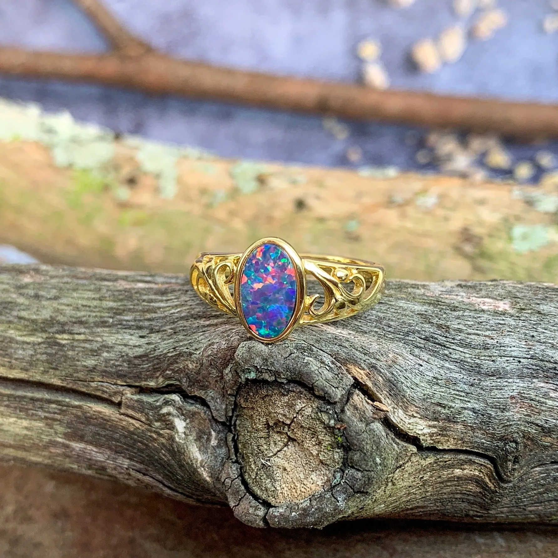 Gold plated silver Opal doublet patterned ring