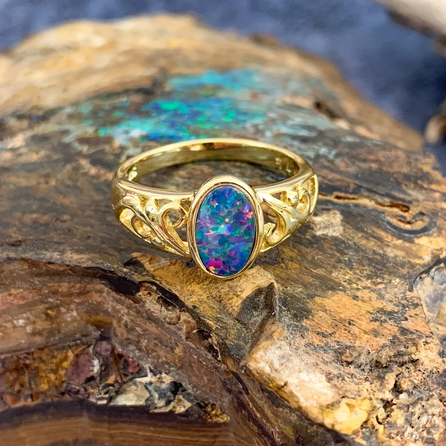 Gold plated silver Opal doublet patterned ring