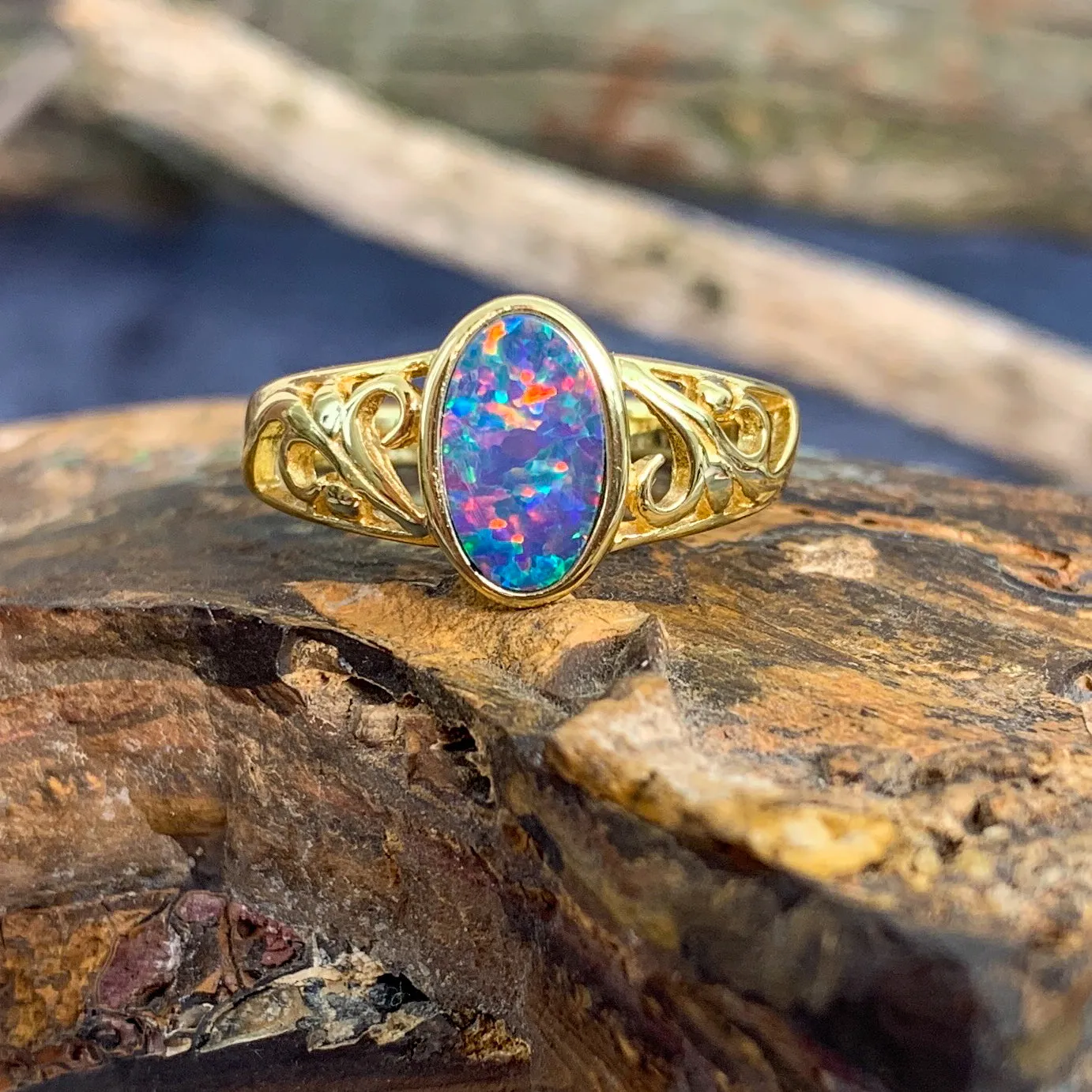 Gold plated silver Opal doublet patterned ring