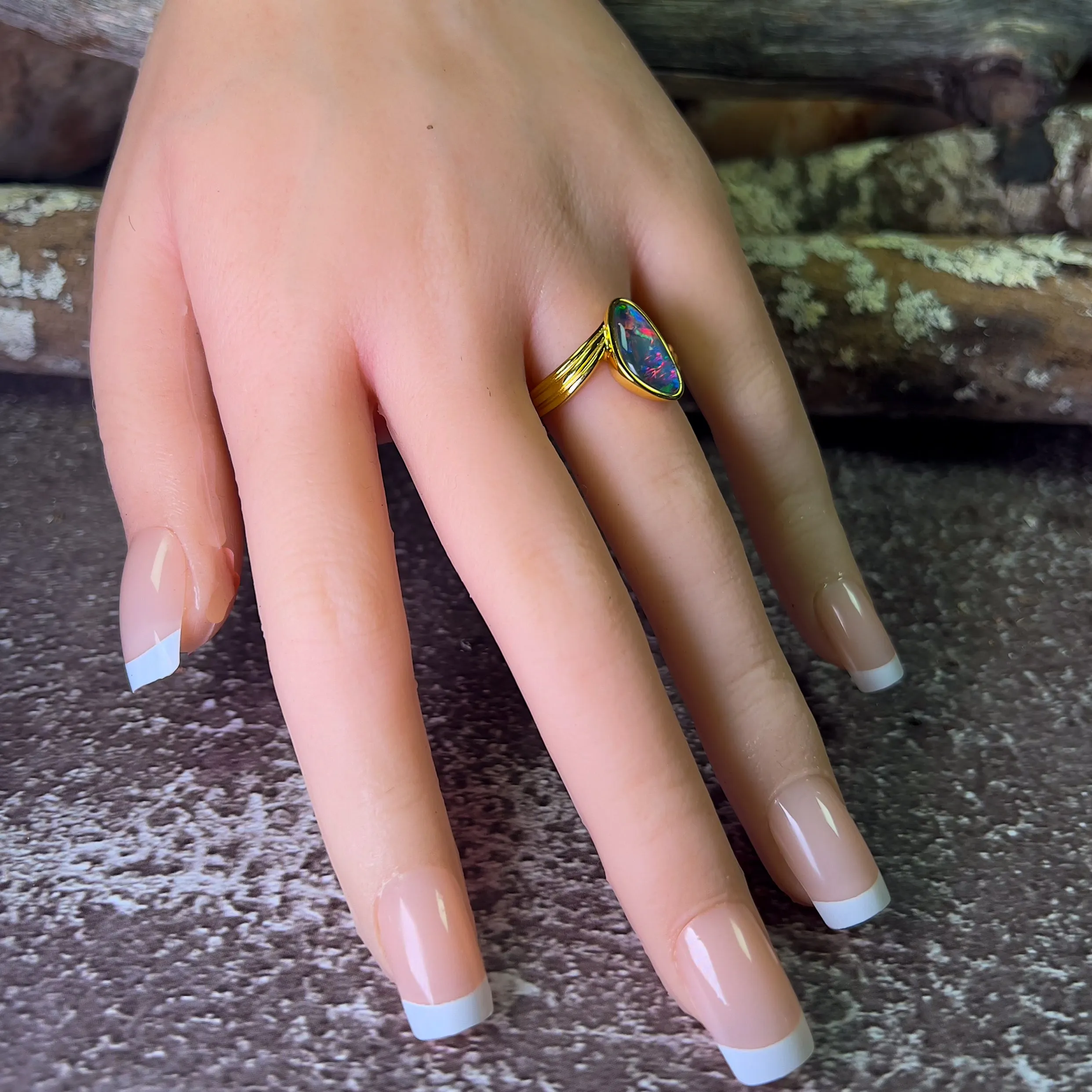 Gold Plated Sterling Silver cross over style Opal triplet ring