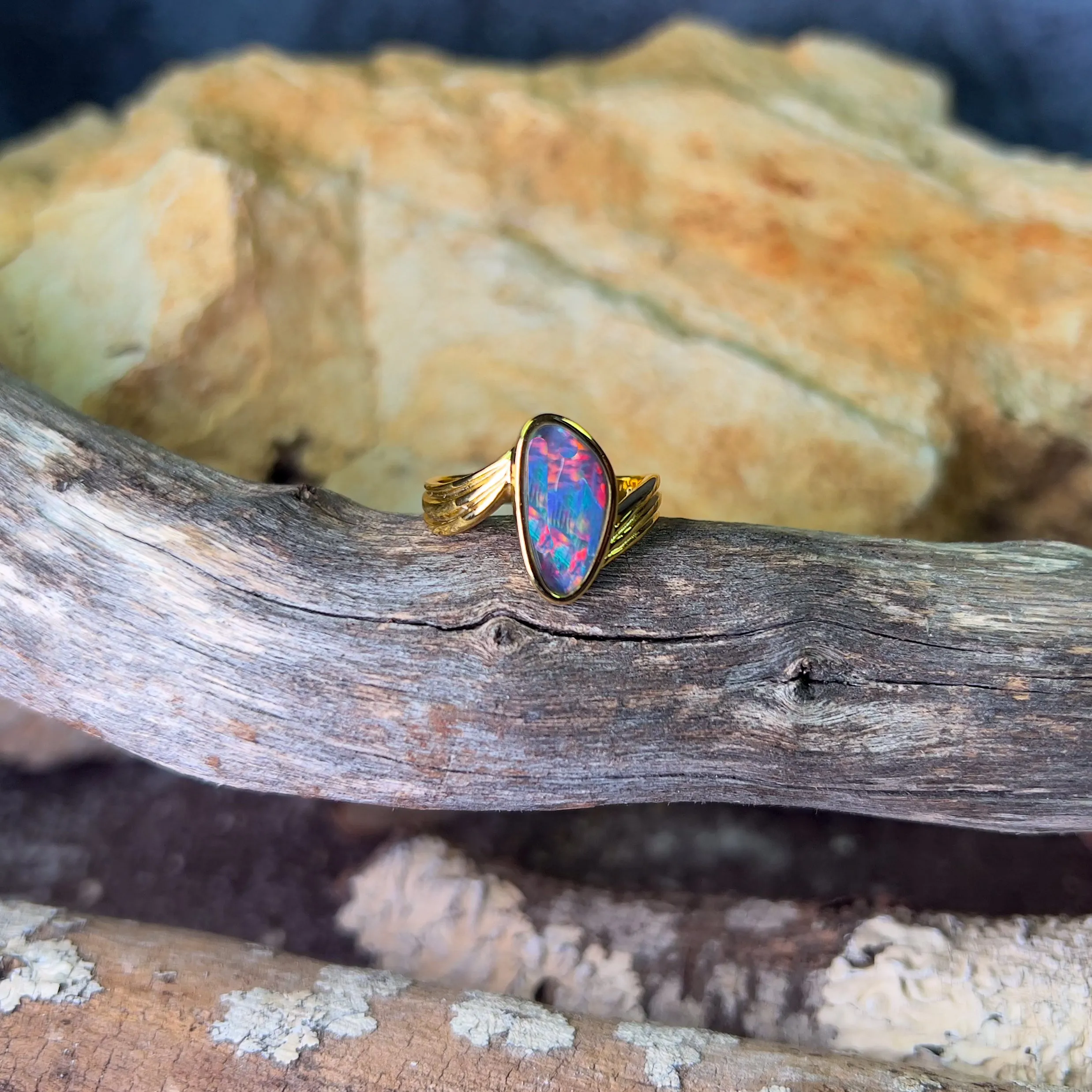 Gold Plated Sterling Silver cross over style Opal triplet ring