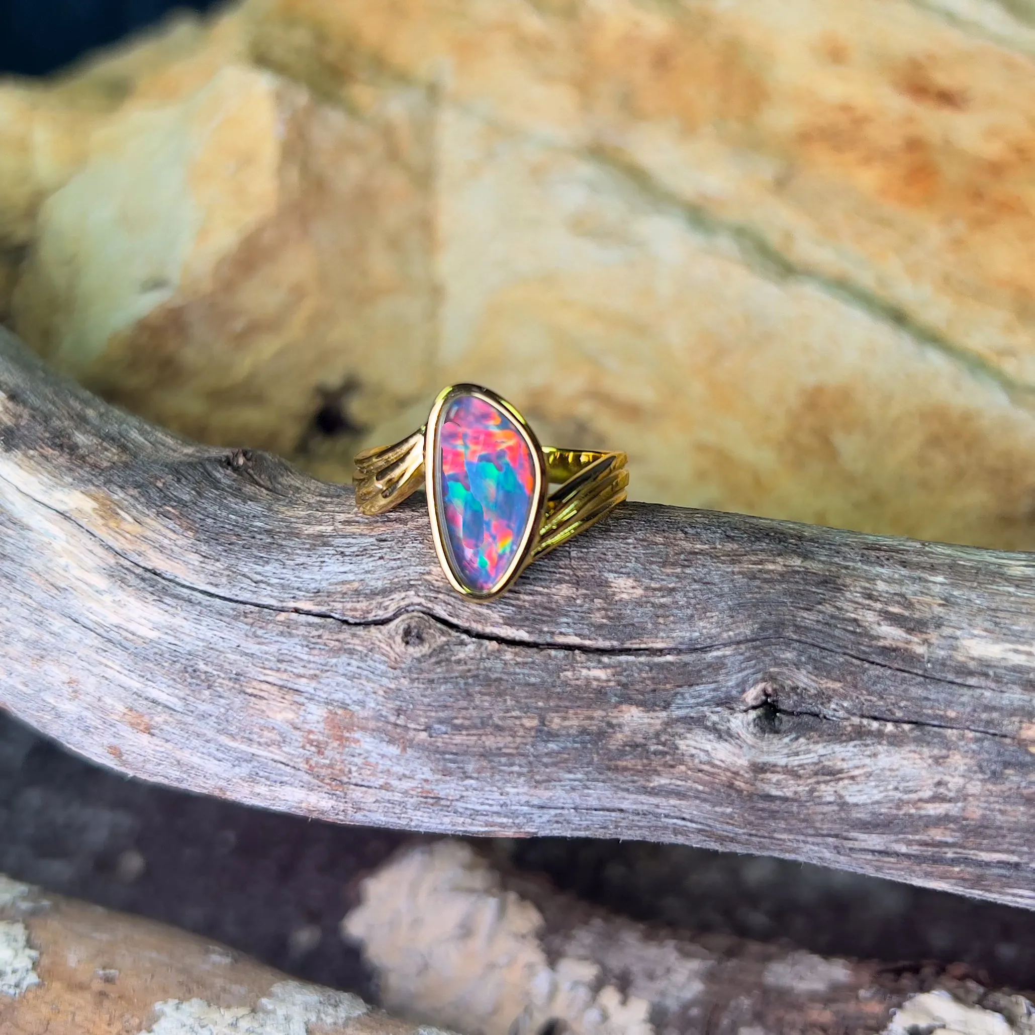 Gold Plated Sterling Silver cross over style Opal triplet ring