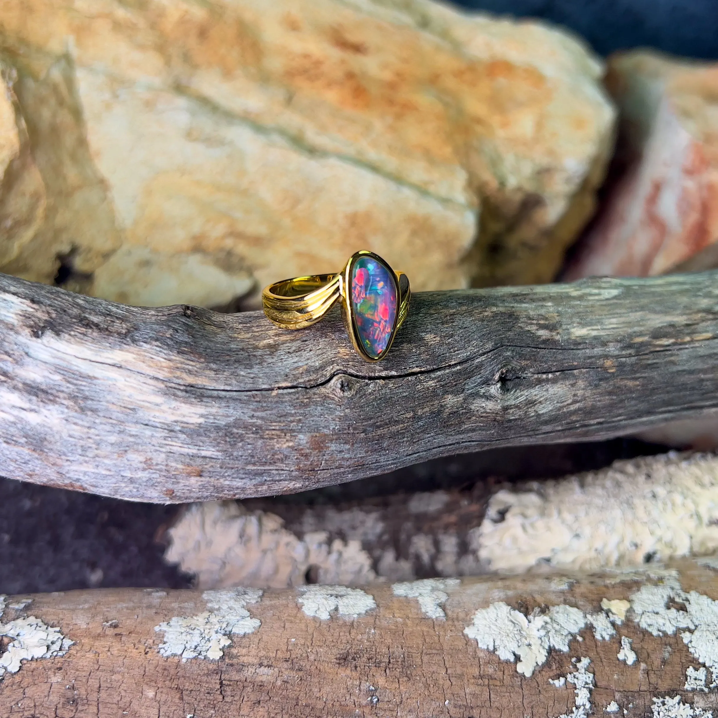 Gold Plated Sterling Silver cross over style Opal triplet ring