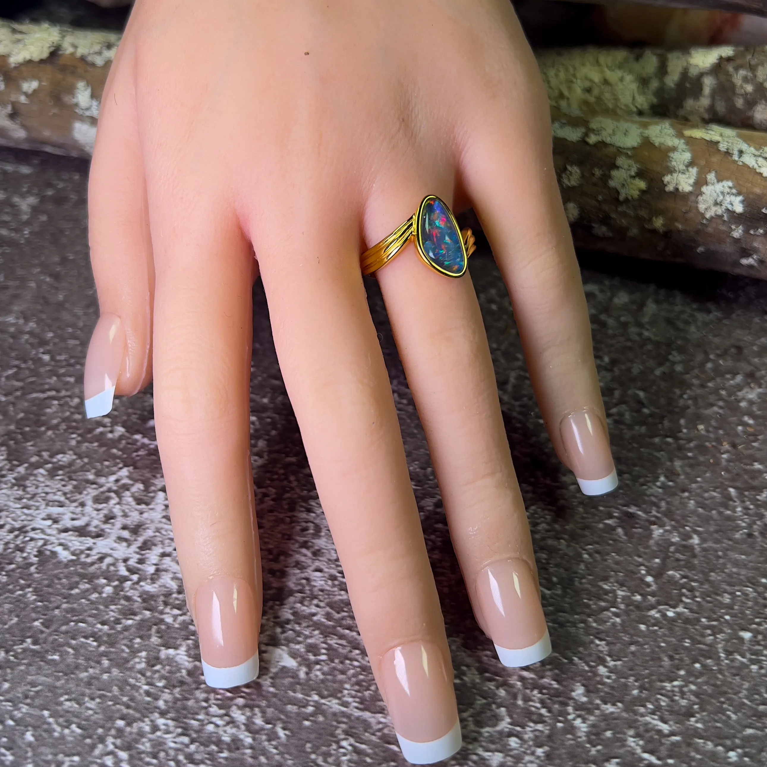 Gold Plated Sterling Silver cross over style Opal triplet ring