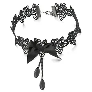 Gothic Victorian Nostalgic Women Black Lace Bow Choker Necklace with Black Chain Beads Charm Pendant