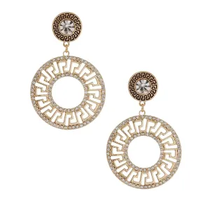 Greek Key Round Gold Tone Sparkle Drop Earrings