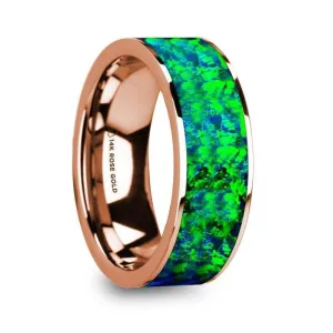 HESPEROS Men’s 14K Rose Gold & Green/Blue Opal Inlaid Flat Wedding Band - 8mm