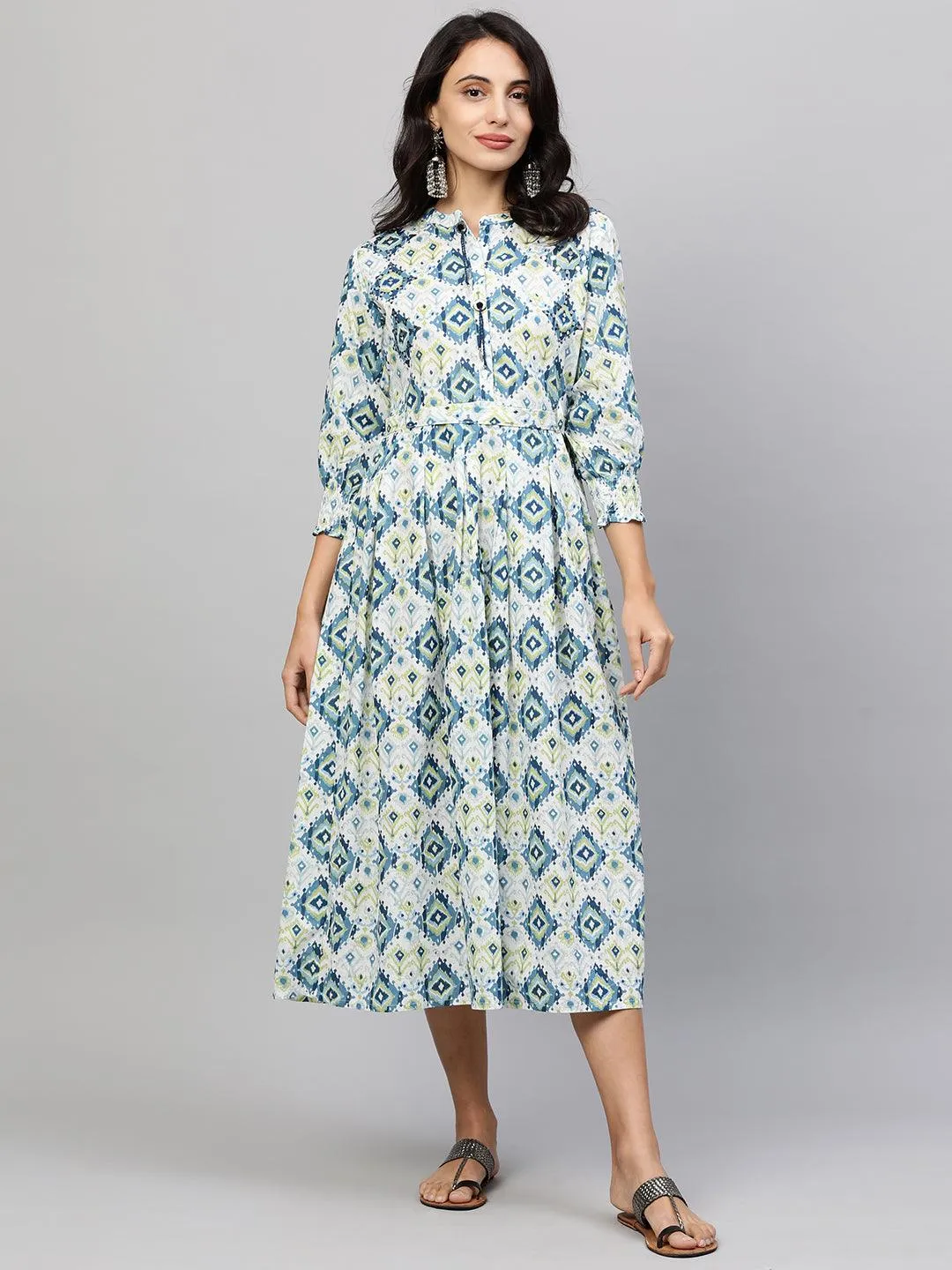 Ikat Printed Paneled Flare Maxi Dress with Fabric Belt - White